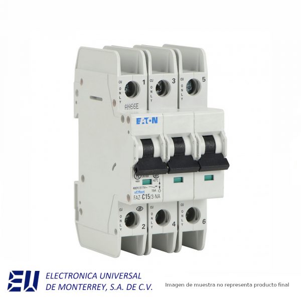 INTERRUPTOR TERMOMAGNETICO MINIATURA PARA RIEL DIN, 3 POLOS 15 AMP 277/VCA 48/VCD EATON - FAZ-C15/3-NA